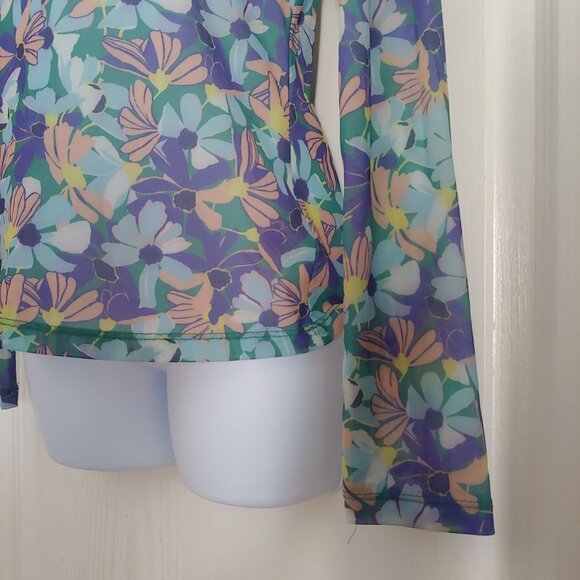 Maeve Water Color Disco Sheer Mesh  Mock Neck L-Sleeve Top S - Picture 9 of 12